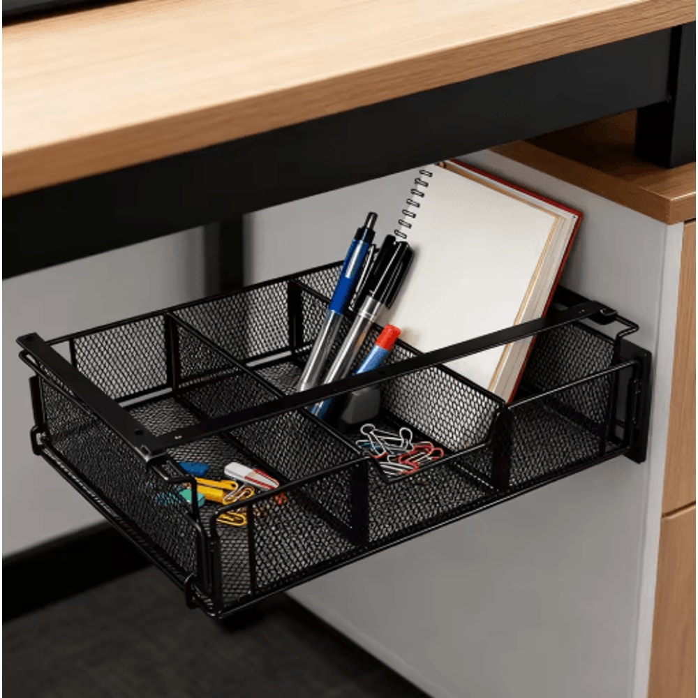 Under Desk Drawer Organizer Set With Black Desktop Storage Basket 6