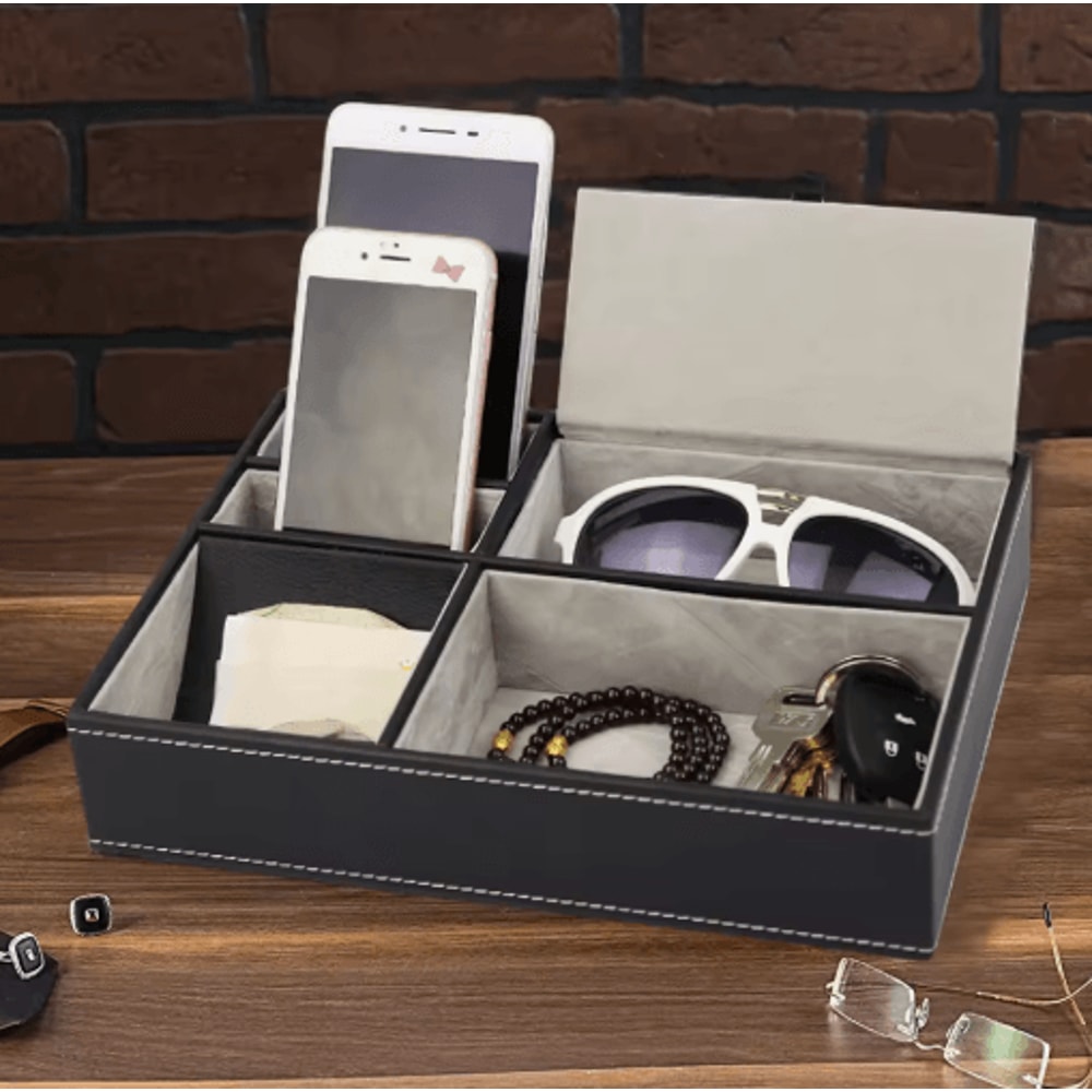Faux Leather Mens Valet Tray Organizer With 5 Compartments For Desk Or Nightstand 5