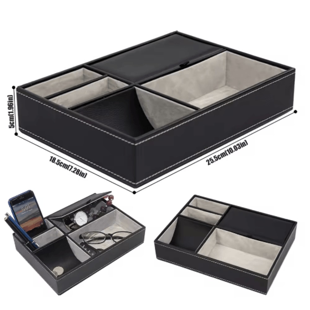 Faux Leather Mens Valet Tray Organizer With 5 Compartments For Desk Or Nightstand 0