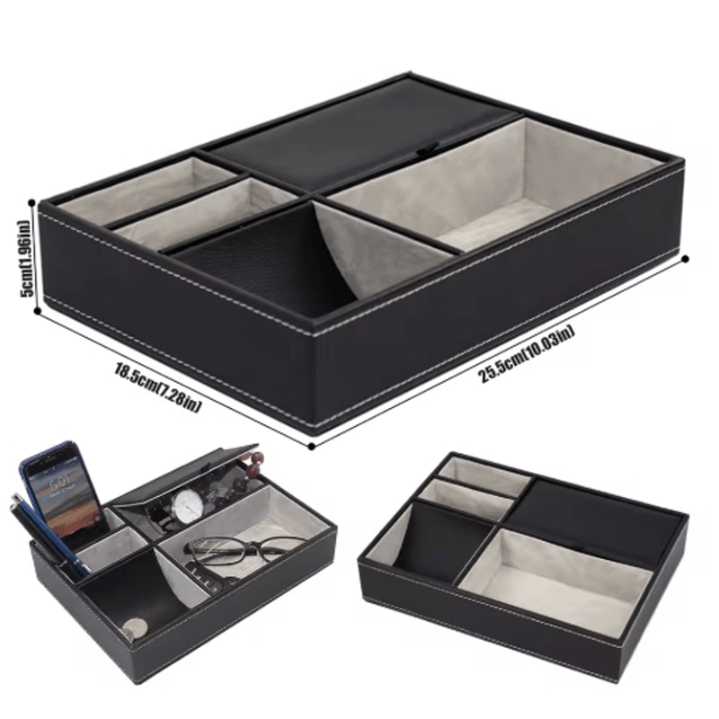 Faux Leather Mens Valet Tray Organizer With 5 Compartments For Desk Or Nightstand 0