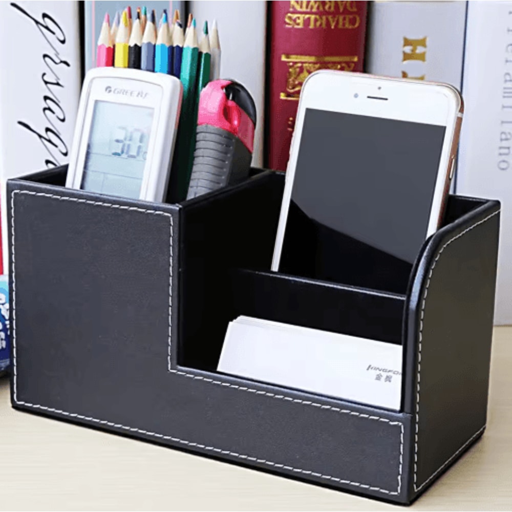High Grade PU Leather Desk Organizer With 3 Compartment Pen Holder Caddy 6