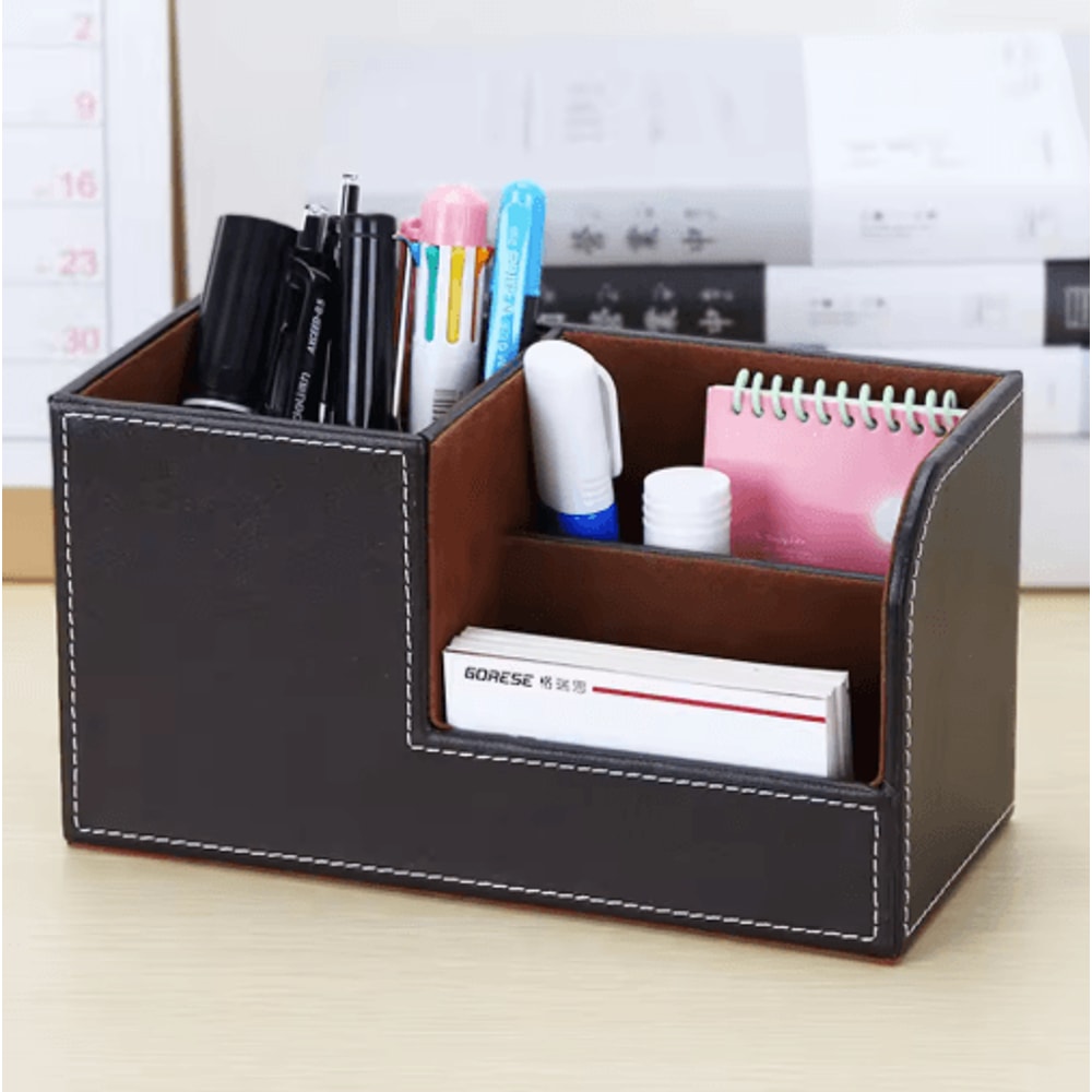 High Grade PU Leather Desk Organizer With 3 Compartment Pen Holder Caddy 8