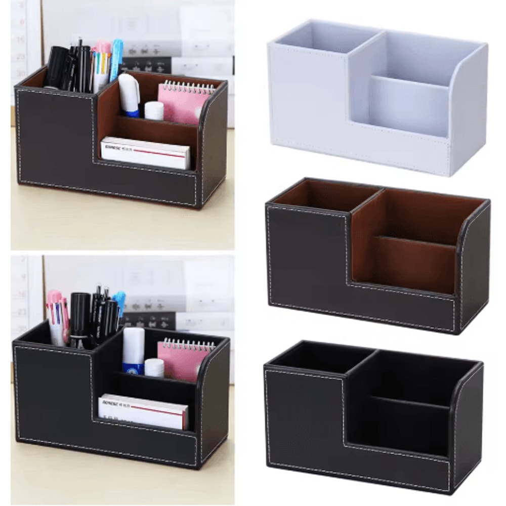 High Grade PU Leather Desk Organizer With 3 Compartment Pen Holder Caddy 0