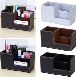 high grade pu leather desk organizer with 3 compartment pen holder caddy