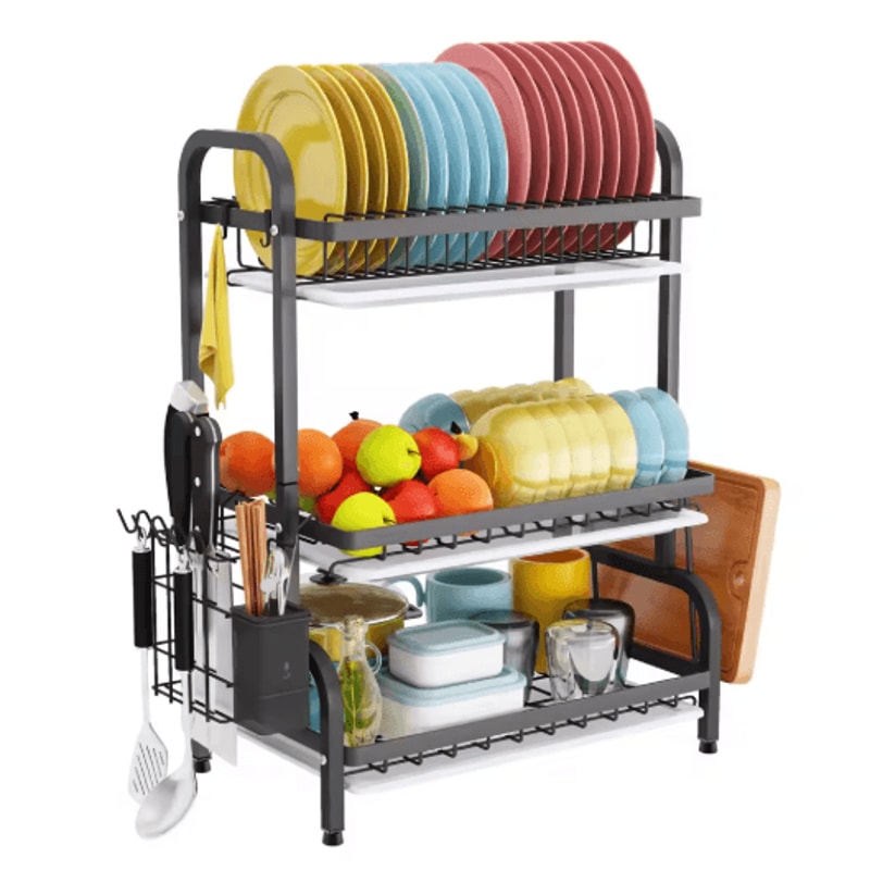 3 Tier Dish Drying Rack With Drainboard Tray Utensil Holder Kitchen Counter Organizer 1