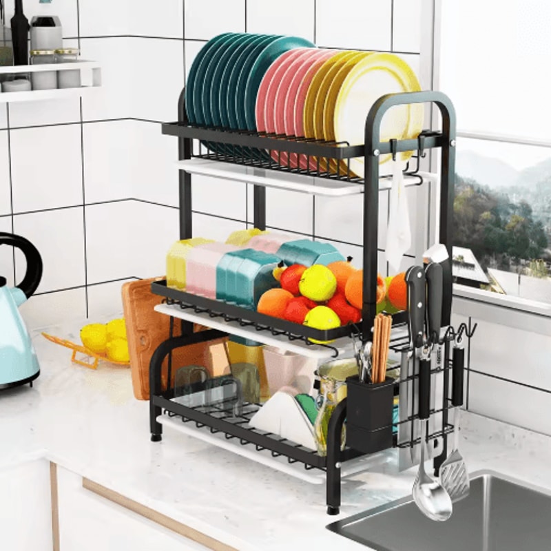 3 Tier Dish Drying Rack With Drainboard Tray Utensil Holder Kitchen Counter Organizer 2