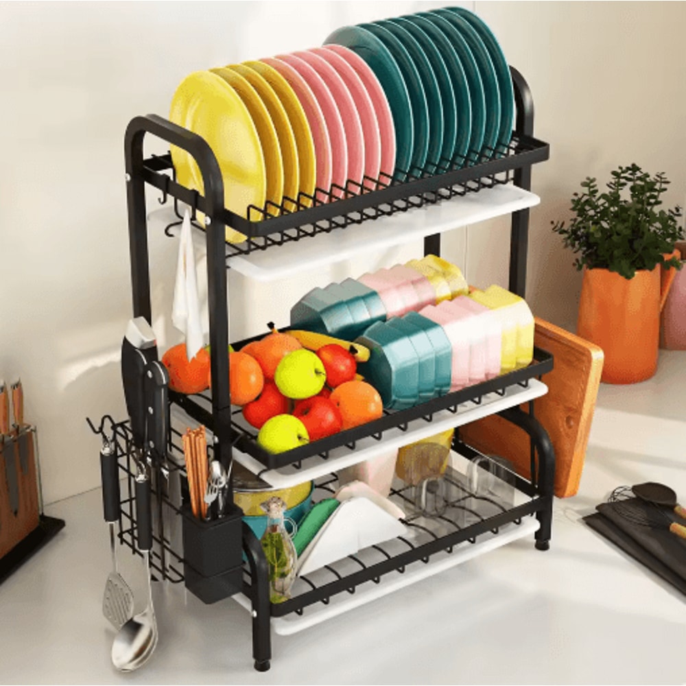 3 Tier Dish Drying Rack With Drainboard Tray Utensil Holder Kitchen Counter Organizer 6