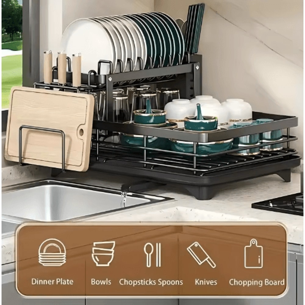 Double Tier Extendable Dish Drainer Large Capacity Adjustable Kitchen Countertop Rack 1