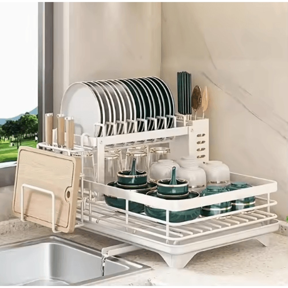 Double Tier Extendable Dish Drainer Large Capacity Adjustable Kitchen Countertop Rack 2