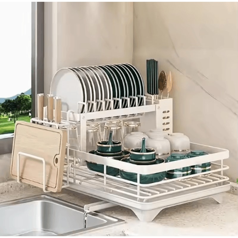 Double Tier Extendable Dish Drainer Large Capacity Adjustable Kitchen Countertop Rack 2