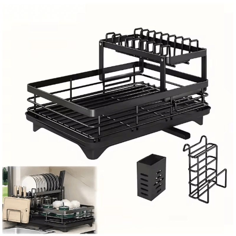 Double Tier Extendable Dish Drainer Large Capacity Adjustable Kitchen Countertop Rack 3