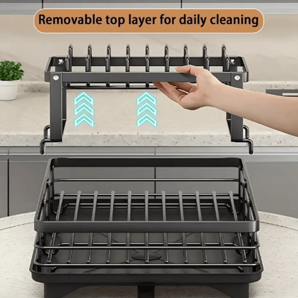 Double Tier Extendable Dish Drainer Large Capacity Adjustable Kitchen Countertop Rack 4