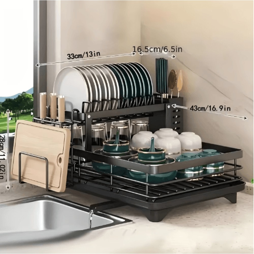 Double Tier Extendable Dish Drainer Large Capacity Adjustable Kitchen Countertop Rack 5