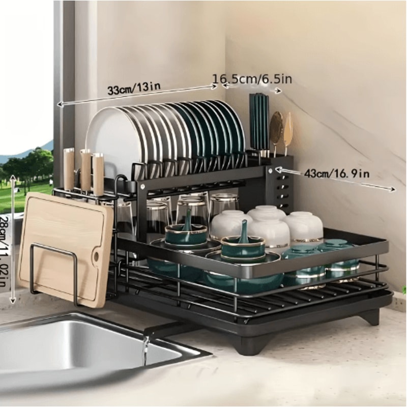 Double Tier Extendable Dish Drainer Large Capacity Adjustable Kitchen Countertop Rack 5