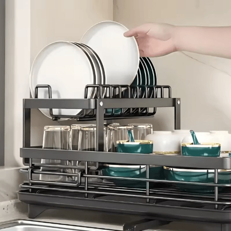 Double Tier Extendable Dish Drainer Large Capacity Adjustable Kitchen Countertop Rack 6
