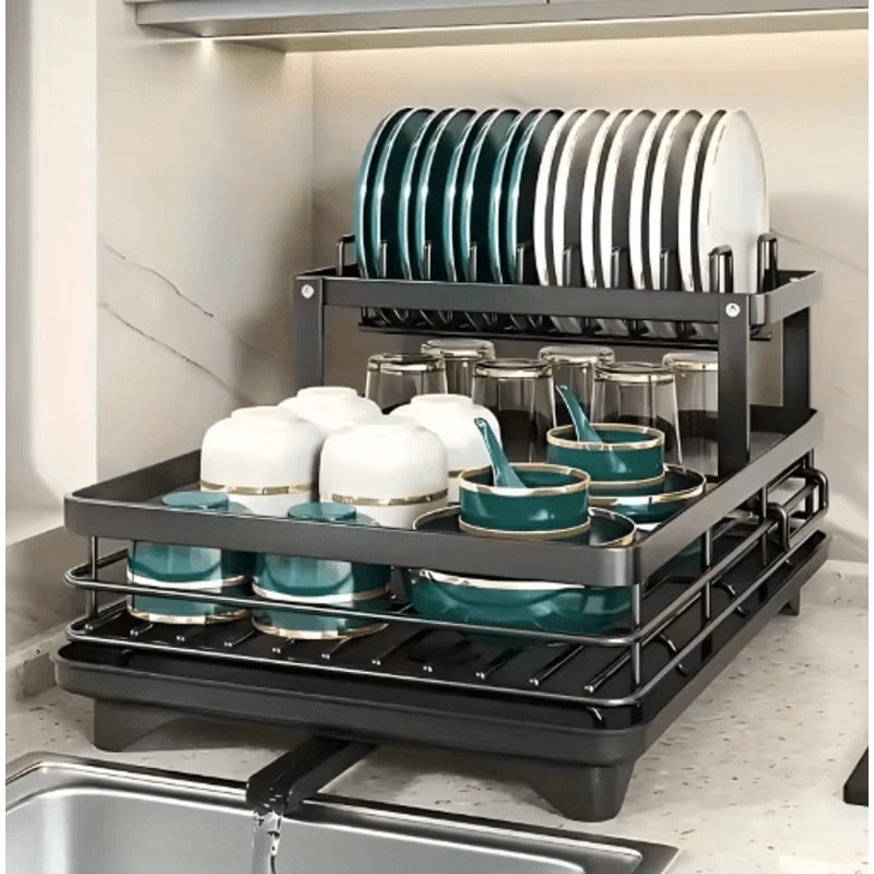 Double Tier Extendable Dish Drainer Large Capacity Adjustable Kitchen Countertop Rack 7