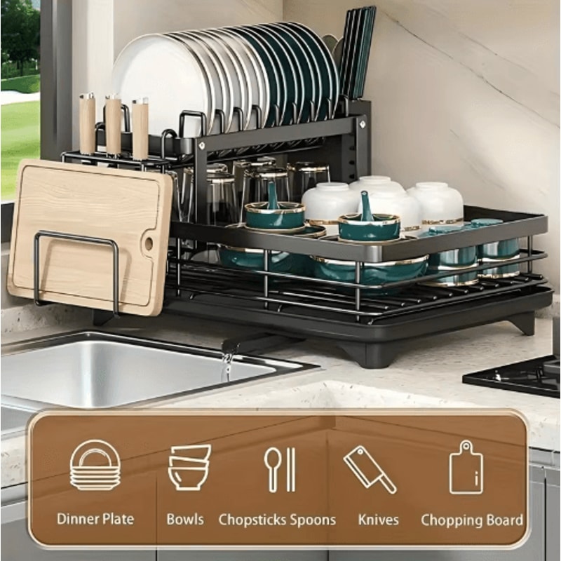 Double Tier Extendable Dish Drainer Large Capacity Adjustable Kitchen Countertop Rack 0