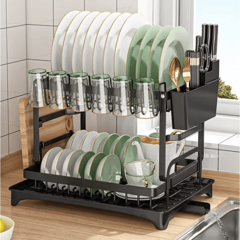 2 Tier Stainless Steel Dish Drying Rack With Drainboard Kitchen Counter Organizer Set 0