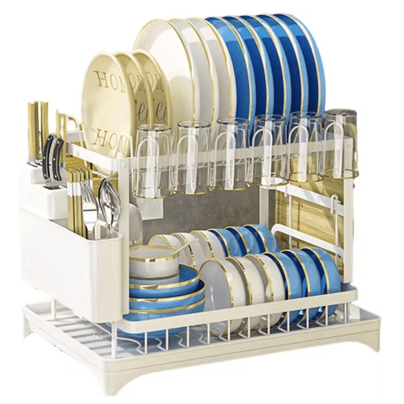 2 Tier Kitchen Countertop Dish Drying Rack With Drip Tray Metal Space Saving Dish Drainer 1