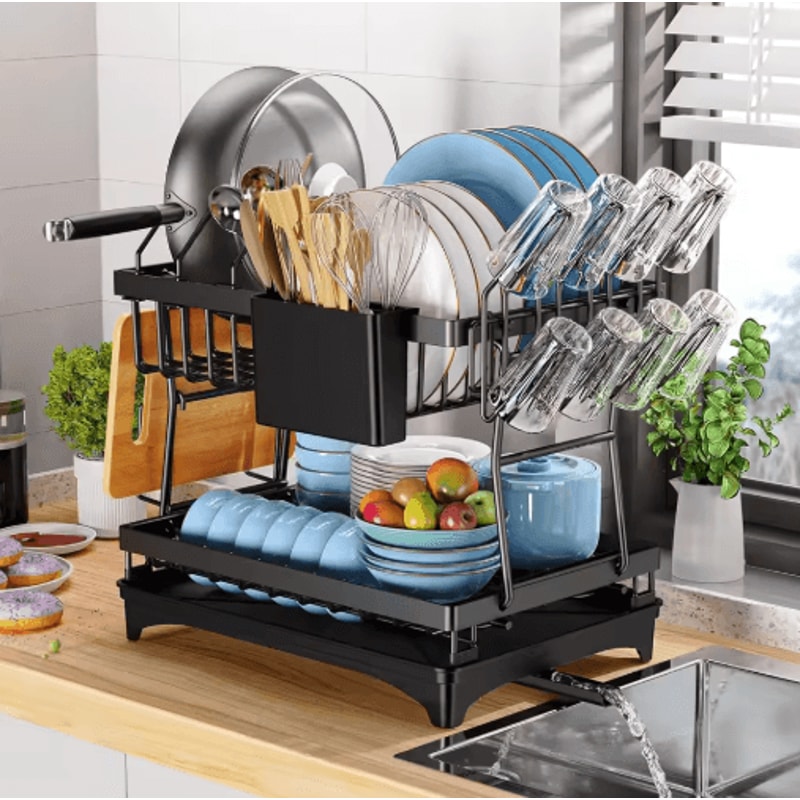 2 Tier Kitchen Countertop Dish Drying Rack With Drip Tray Metal Space Saving Dish Drainer 2