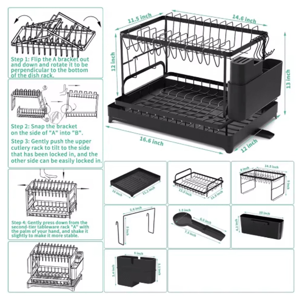 2 Tier Kitchen Countertop Dish Drying Rack With Drip Tray Metal Space Saving Dish Drainer 3