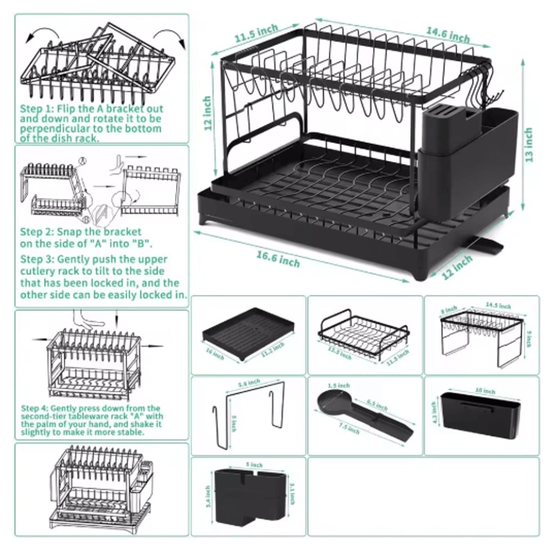 2 Tier Kitchen Countertop Dish Drying Rack With Drip Tray Metal Space Saving Dish Drainer 3