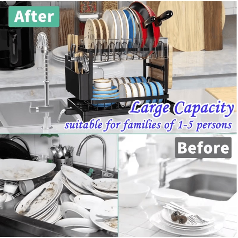 2 Tier Kitchen Countertop Dish Drying Rack With Drip Tray Metal Space Saving Dish Drainer 5