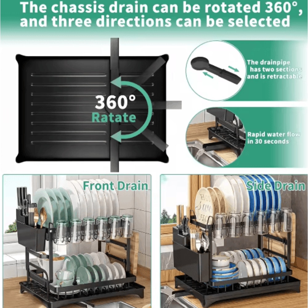 2 Tier Kitchen Countertop Dish Drying Rack With Drip Tray Metal Space Saving Dish Drainer 6