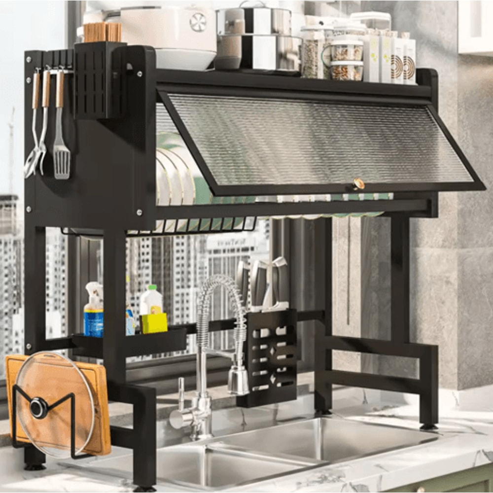 3 Tier Over The Sink Dish Drying Rack With Cover Large Kitchen Drain Shelf Storage System 5