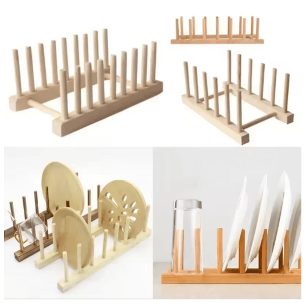 Wooden Dish Drainer Rack Bamboo Plate Pot Lid Drying Stand For Kitchen Counter 0