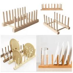 wooden dish drainer rack bamboo plate & pot lid drying stand for kitchen counter