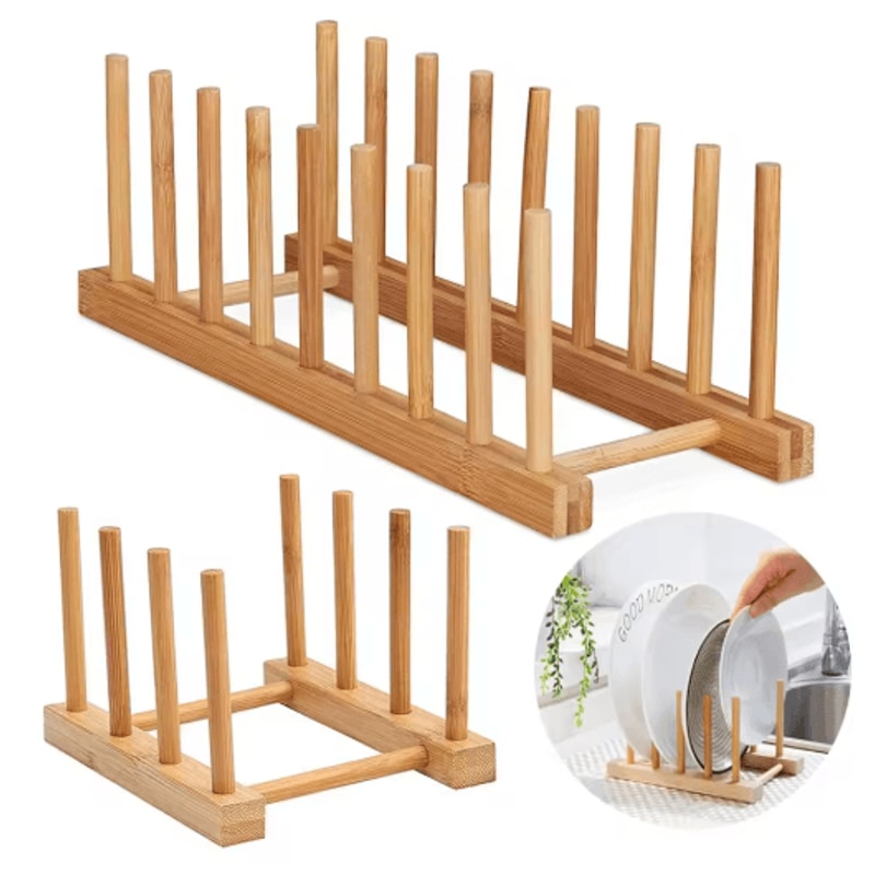 Wooden Dish Drainer Rack Bamboo Plate Pot Lid Drying Stand For Kitchen Counter 13