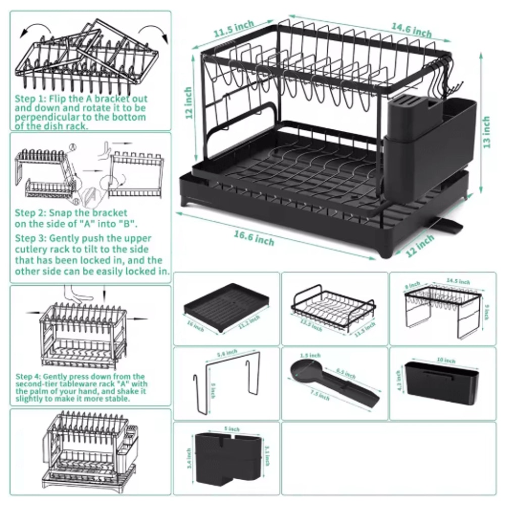 Rust Resistant Double Layer Dish Rack With Drain Tray Knife Storage Organizer 3