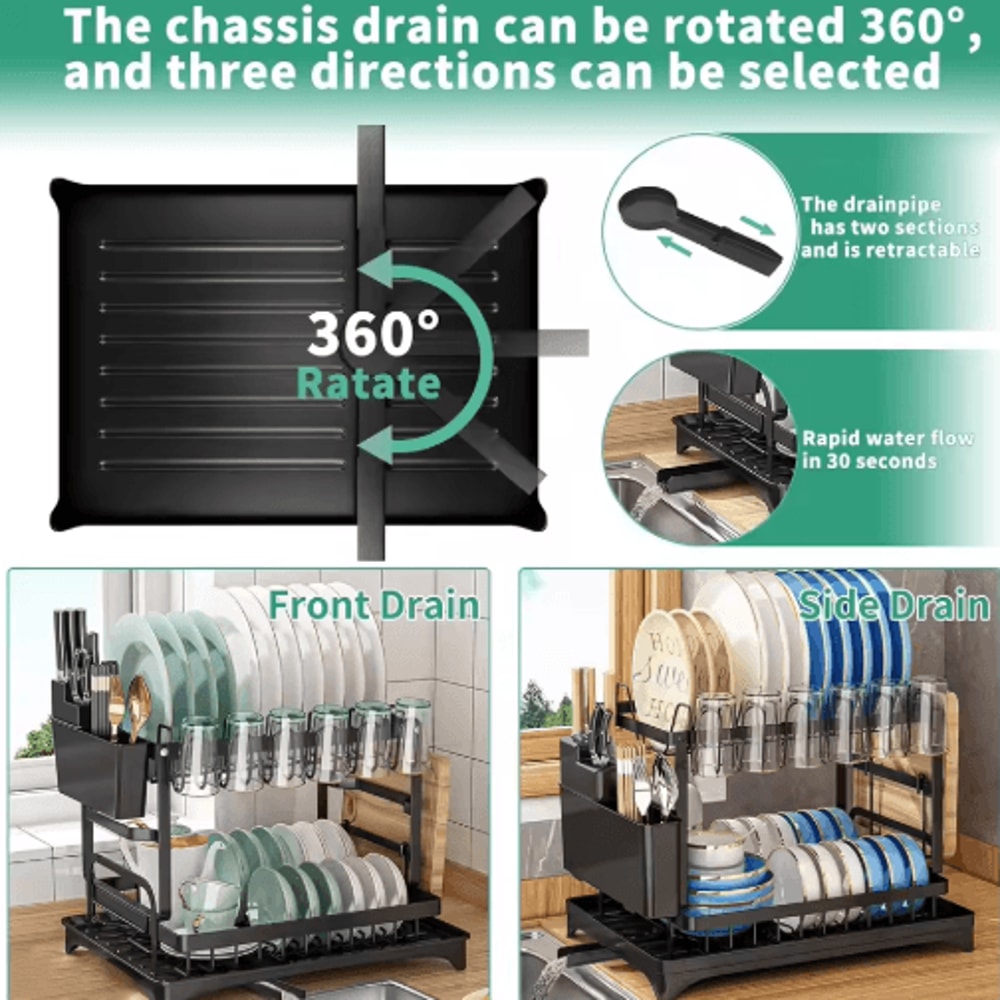 Rust Resistant Double Layer Dish Rack With Drain Tray Knife Storage Organizer 7