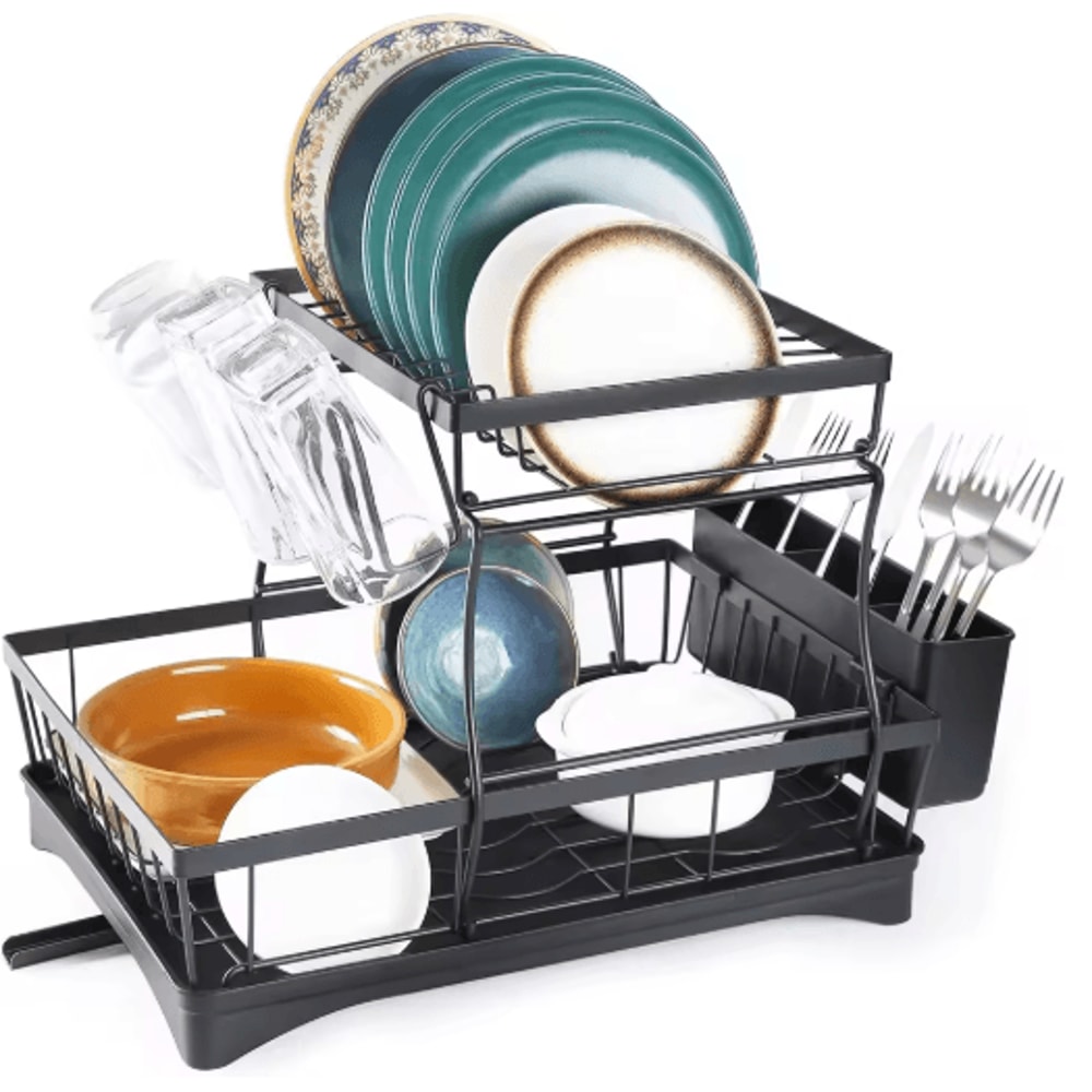 2 Tier Stainless Steel Dish Drying Rack Large Countertop Organizer With Drainer Cutlery Holder 1