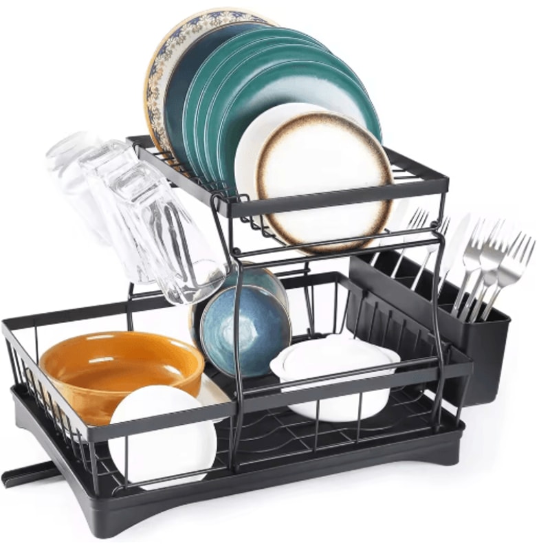 2 Tier Stainless Steel Dish Drying Rack Large Countertop Organizer With Drainer Cutlery Holder 1
