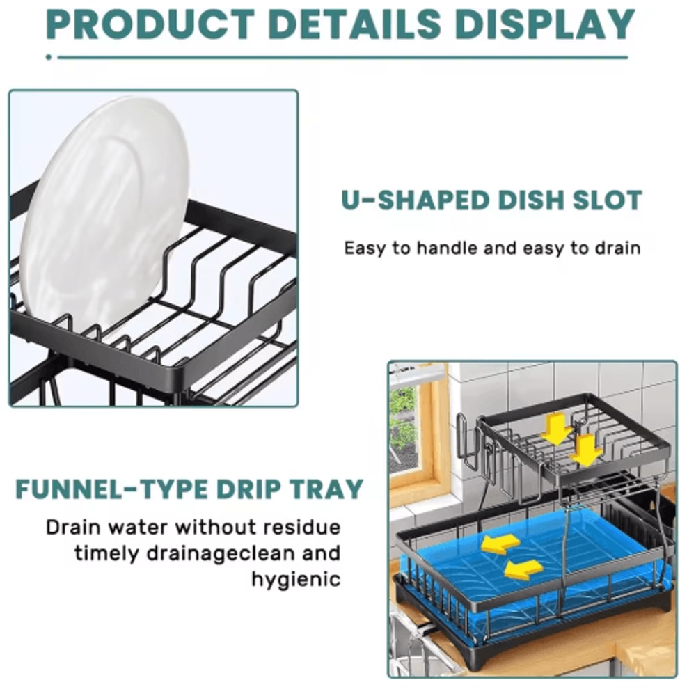 2 Tier Stainless Steel Dish Drying Rack Large Countertop Organizer With Drainer Cutlery Holder 2