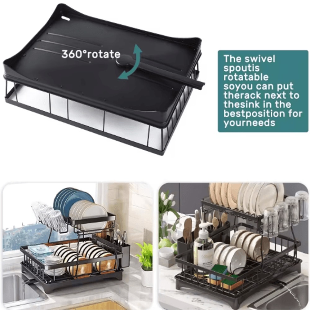 2 Tier Stainless Steel Dish Drying Rack Large Countertop Organizer With Drainer Cutlery Holder 3
