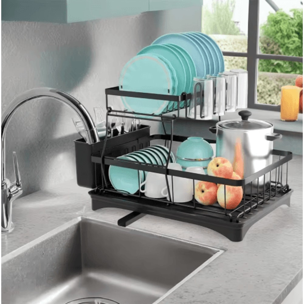 2 Tier Stainless Steel Dish Drying Rack Large Countertop Organizer With Drainer Cutlery Holder 0