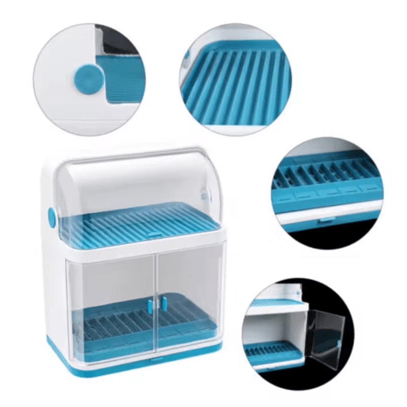 2 Layer Dish Drying Rack With Lid Cover Covered Kitchen Cutlery Organizer 5