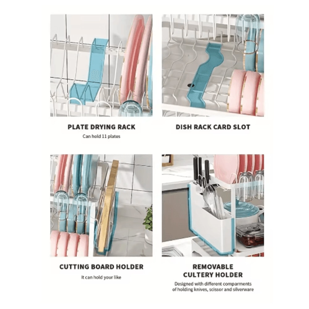 2 Tier Large Stainless Steel Dish Drying Rack With Drainboard Kitchen Counter Dish Cup Drainer 6