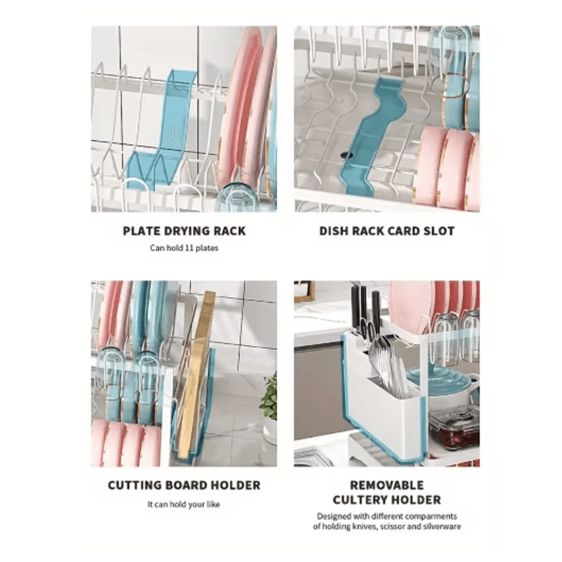 2 Tier Large Stainless Steel Dish Drying Rack With Drainboard Kitchen Counter Dish Cup Drainer 6