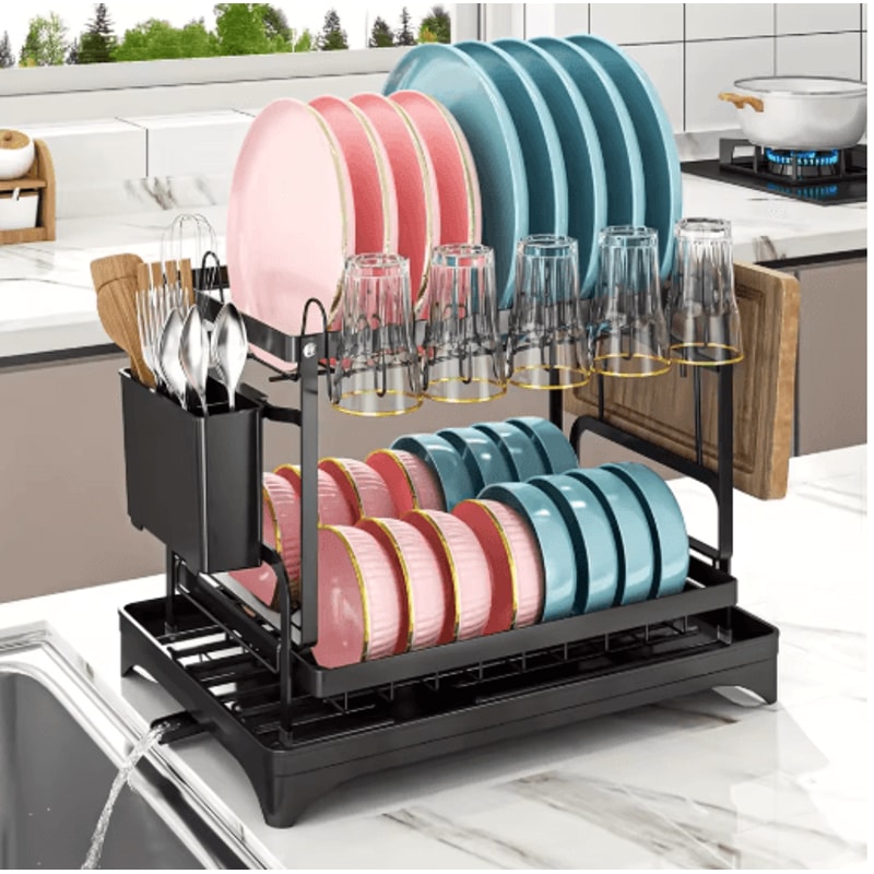 2 Tier Large Stainless Steel Dish Drying Rack With Drainboard Kitchen Counter Dish Cup Drainer 9