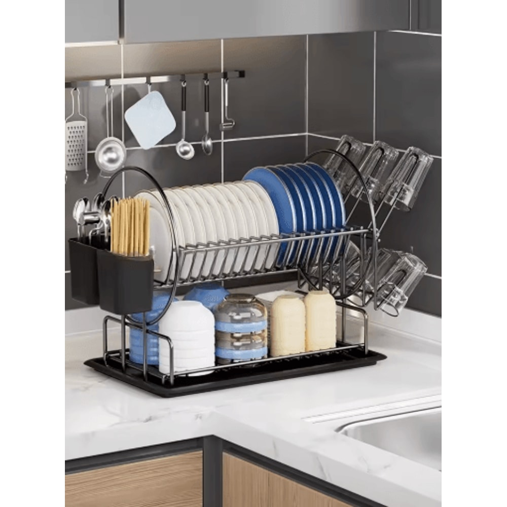 2 Tier Dish Drying Rack With Drain Board Kitchen Countertop Storage Set With Cup Cutlery Holder 1