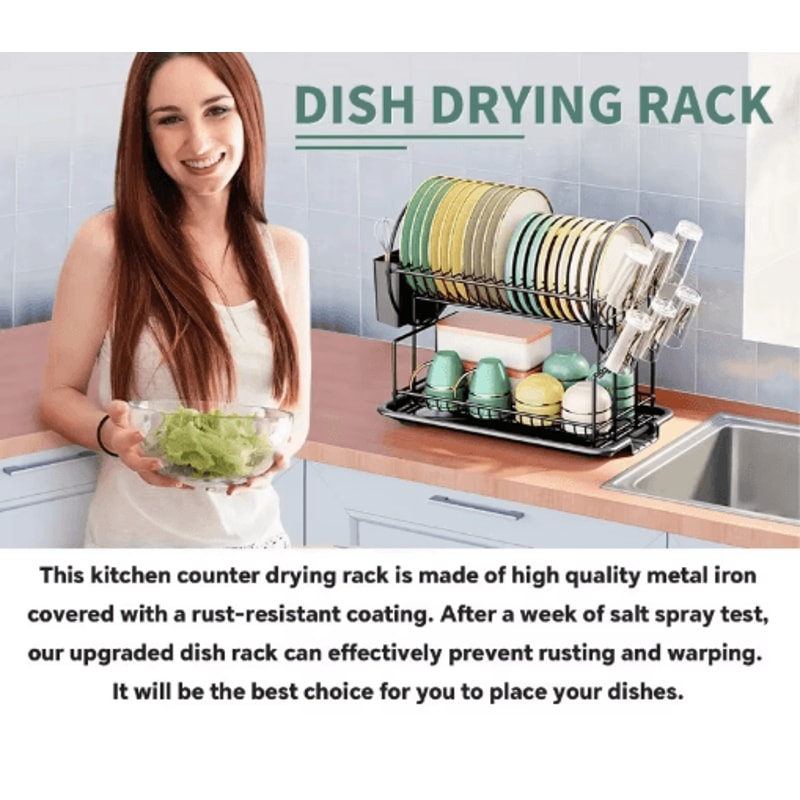 2 Tier Dish Drying Rack With Drain Board Kitchen Countertop Storage Set With Cup Cutlery Holder 3