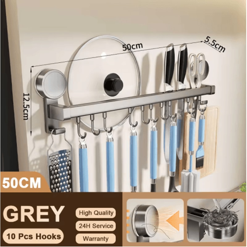 Wall Mounted Kitchen Hook Rack No Drill Utensil Hanger Rail With Chopping Board Holder 1