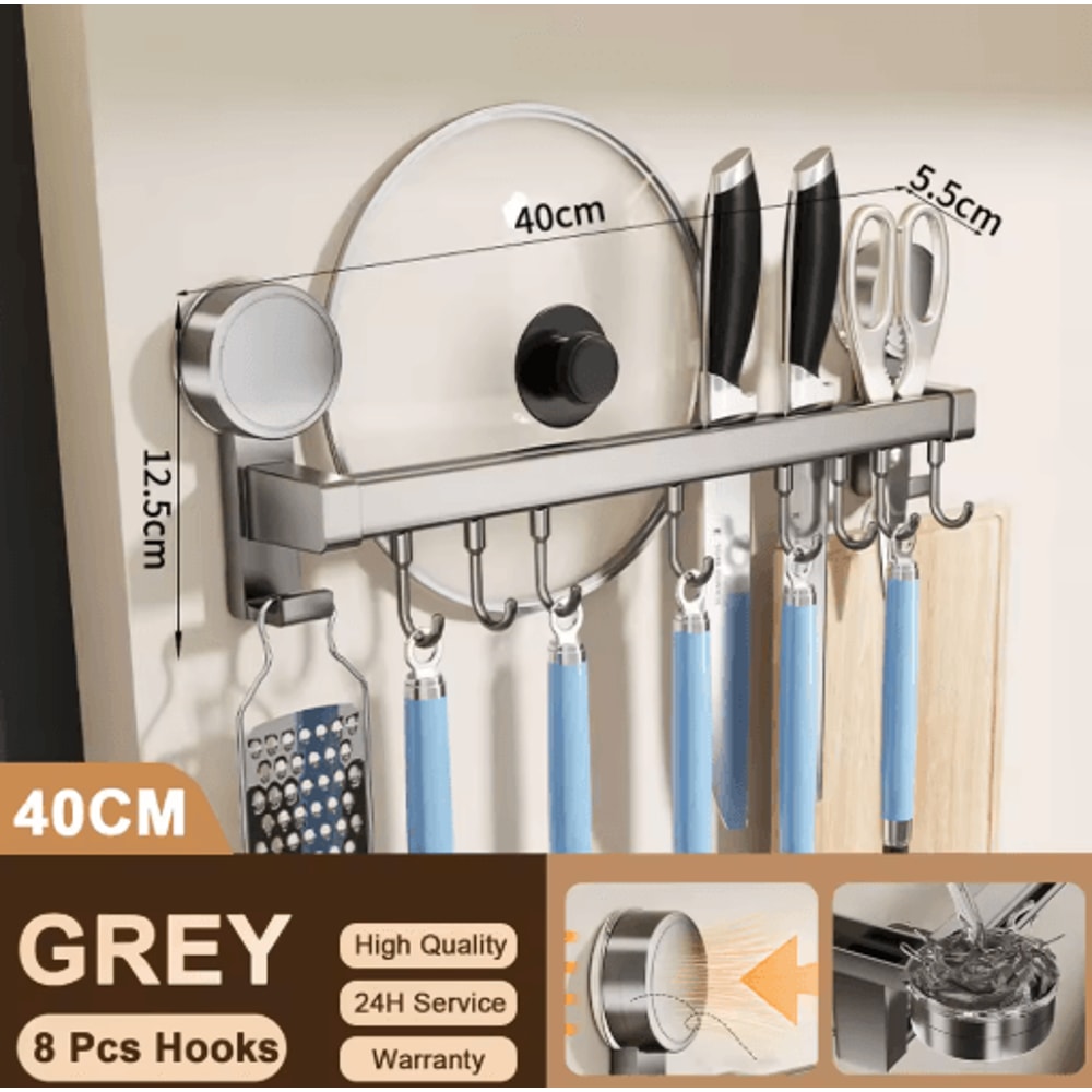 Wall Mounted Kitchen Hook Rack No Drill Utensil Hanger Rail With Chopping Board Holder 2