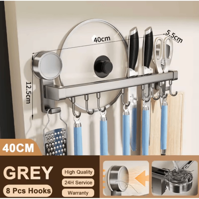 Wall Mounted Kitchen Hook Rack No Drill Utensil Hanger Rail With Chopping Board Holder 2