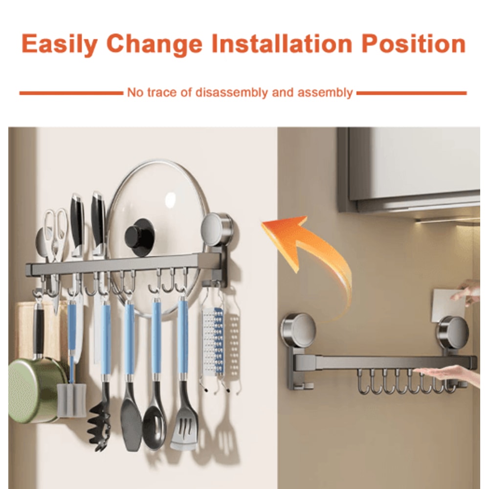Wall Mounted Kitchen Hook Rack No Drill Utensil Hanger Rail With Chopping Board Holder 5