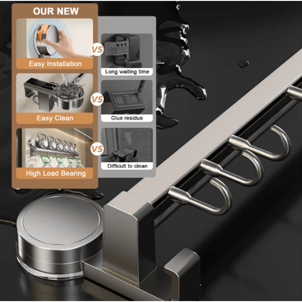 Wall Mounted Kitchen Hook Rack No Drill Utensil Hanger Rail With Chopping Board Holder 6